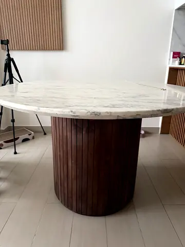 Fluted four seater round genuine marble top dining table with solid wood base
