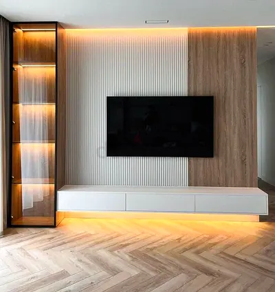 Modern wall-mounted entertainment unit with LED display cabinet