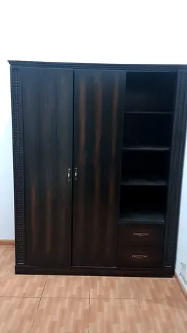 Dark Wood 3-Door Wardrobe with Open Shelves and Drawers - Good Condition