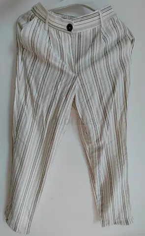 بنطلون نسائي صيفي مخطط.   Beige and White Striped Womens Slim Trousers - Size Approx M