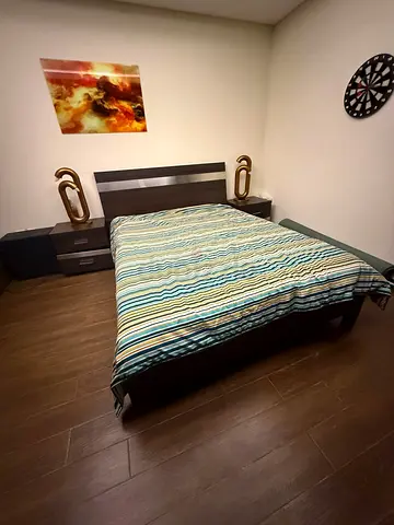 Queen Bed Frame with Headboard and Two Matching Nightstands - Dark Wood