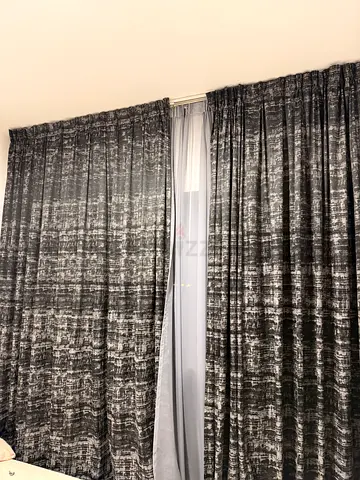 Black textured blackout curtains with sheer inner panels - 4 pair