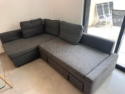 Grey L-shaped Fabric Sofa with Storage - Good Condition