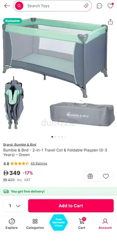 Bumble  Bird - 2-in-1 Travel Cot  Foldable Playpen (0-3 Years) - Green