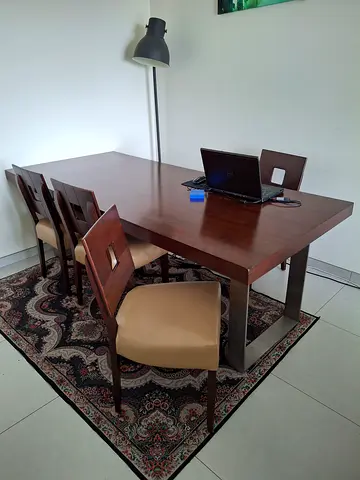 Solid Wood + metal legs dining/conference table + 6 chairs. Seats 8.
