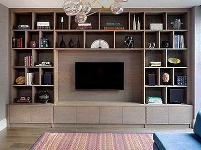 Large Wall-Mounted Entertainment Center with Shelving and Cabinets
