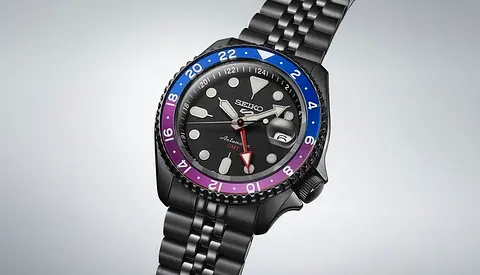 Seiko 5 Sports GMT Automatic Watch with Blue and Purple Bezel