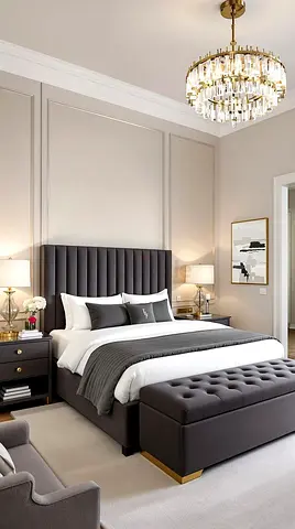 Modern Upholstered Bed Set with Headboard side tablesand Ottoman Bench