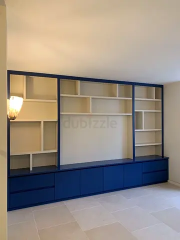 Custom Built-In Blue Entertainment/Storage Wall Unit - Good Condition