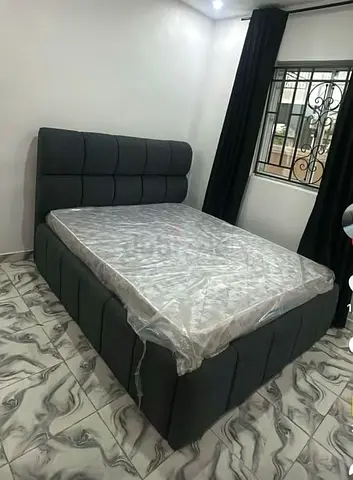 Dark Grey Upholstered Double Bed with Headboard and Mattress