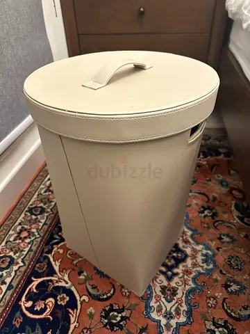 Beige Leather- Laundry Bin with Lid - Slim, Stylish