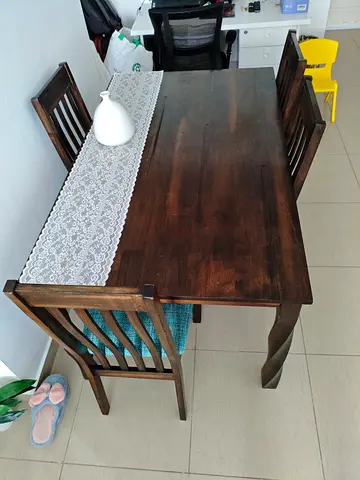 Solid Wood 4-Seater Dining Table with Chairs - Dark Finish