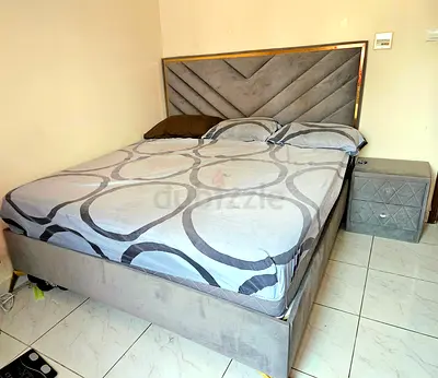 Modern Velvet King Bed with Upholstered Headboard and Matching Nightstand