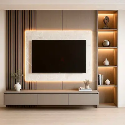 Modern Built-in Entertainment Unit with LED Backlight and Shelving