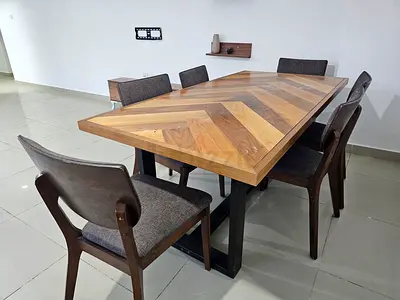 Solid Wood 6-Seater Dining Table with Upholstered Chairs - Chevron Top