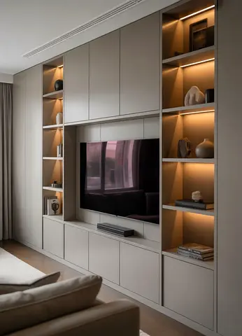 Custom Built-in Entertainment Wall Unit with Shelving and Concealed Storage