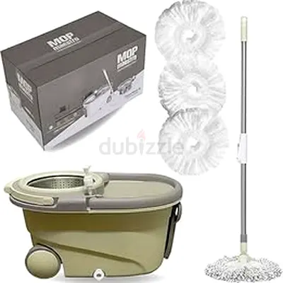Spin Mop with Rolling Bucket and 3 Replacement Heads - Used, Good Condition
