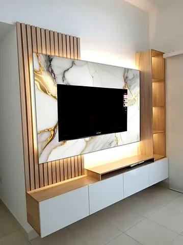 Modern Wall-Mounted Entertainment Unit with Marble Backdrop and LED Lighting