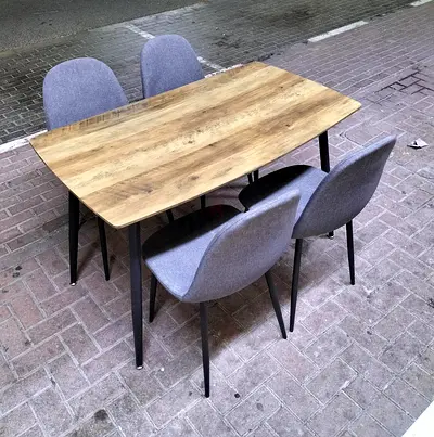 Wooden Dining Table with 4 Grey Fabric Chairs - Compact Set