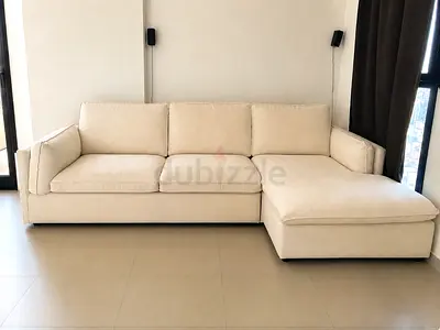 Beige L-shape Fabric Sofa with Ottoman - Good Condition