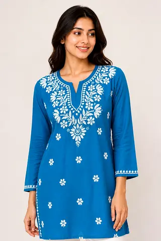Handmade chikankari short kurti - cotton fabric