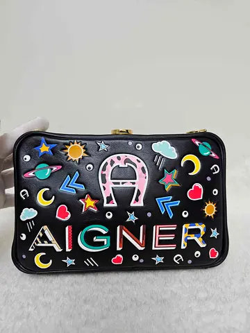 Aigner Black Leather Patchwork Logo Crossbody/Clutch Bag