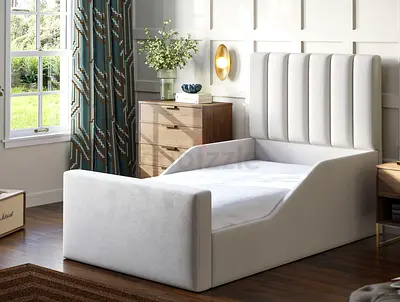 Upholstered Single Bed with Tall Padded Headboard - Light Grey