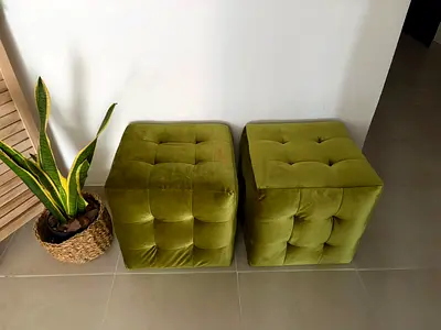 Pair of Green Velvet Tufted Cube Ottomans