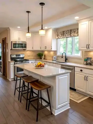 White Shaker Kitchen Island with Three Wooden Bar Stools