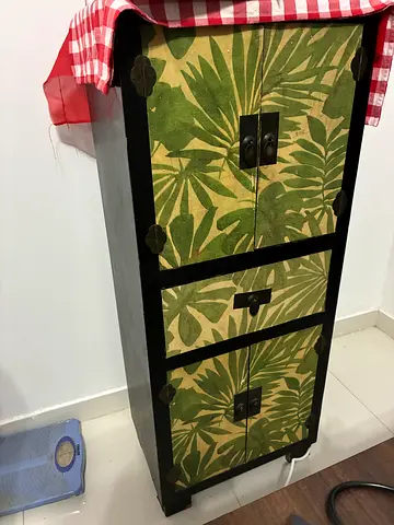 Used Tall Narrow Cabinet with Tropical Leaf Design - Good Condition