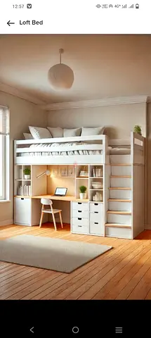 White Wooden Loft Bed with Built-in Desk and Storage