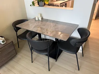 Marble-top Dining Table with Black Metal Base - Good Condition and 3 chairs
