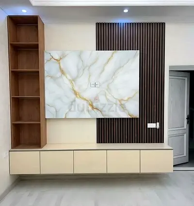 Wall-mounted TV Entertainment Unit with Shelving and Marble Panel