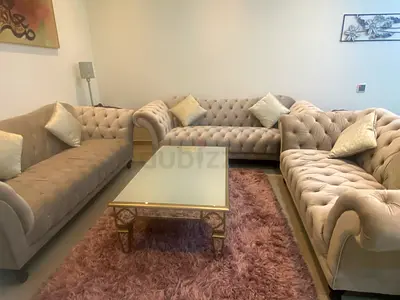 Beige Tufted 3+3+2 Seater Chesterfield Sofa in Good Condition