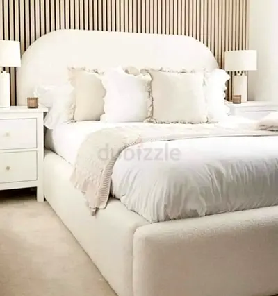 Upholstered Double Bed with Headboard - Cream/Beige