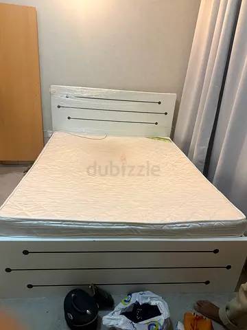 Queen bed frame with mattress and headboard - white, good condition