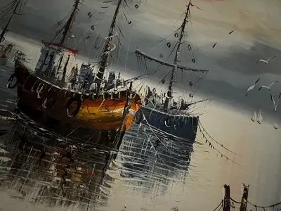 My Seascape Canvas Painting – Boats at Dawn (Large Panorama)