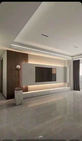 Modern wall-mounted entertainment unit with integrated lighting