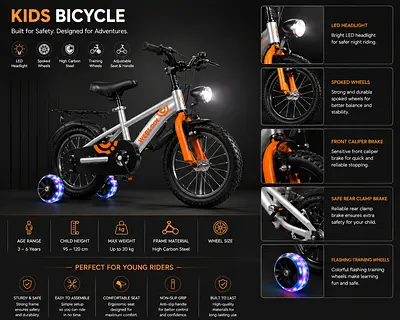 Kids 14-18 Bicycle with Training Wheels, LED Headlight  Flashing Wheel Lights