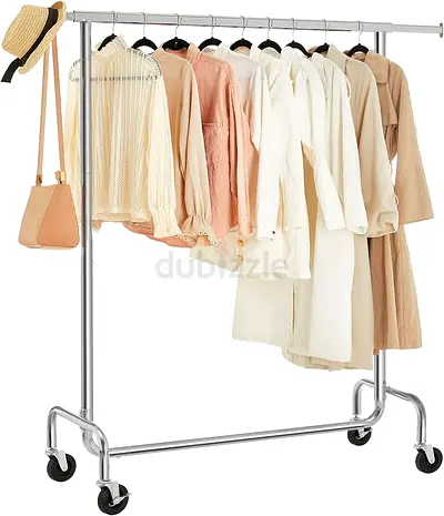 Adjustable Rolling Garment Rack - Single Rail Clothes Rack with Wheels