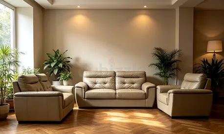 Beige 3-Seater Leather Sofa with Two Armchairs - Excellent Condition