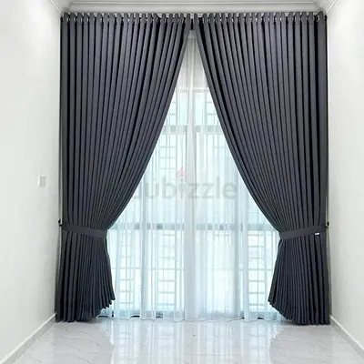 Dark Grey Floor-to-Ceiling Blackout Curtains with Sheer Liner - Like New