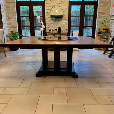 Premium Solid Wood Square Dining Table with 8 Fabric Chairs.