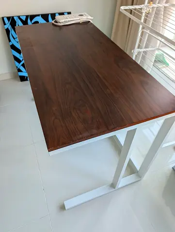 Solid Wood Work Desk with White Metal Legs and Electric Plugs - Crate and Barrel