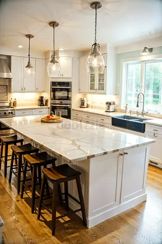 Large White Kitchen Island with Marble Top and Pendant Lights