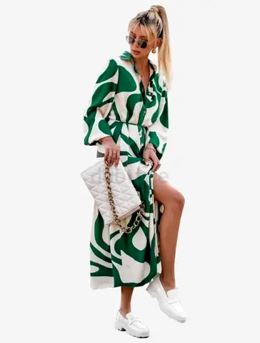 Green  White Long Button Dress with Belt - Size L (New)