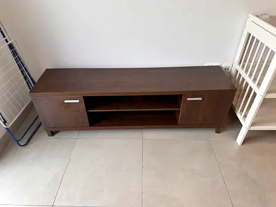 Low wooden TV cabinet / media console - dark brown