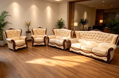 Classic Cream Leather 3+2+1+1 Sofa Set with Carved Wood Trim
