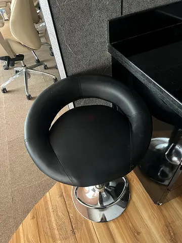 Black Circular Leather Bar Stool with Chrome Base - Good Condition
