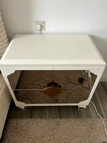 White Mirrored Nightstand / Bedside Table with Gold Accent